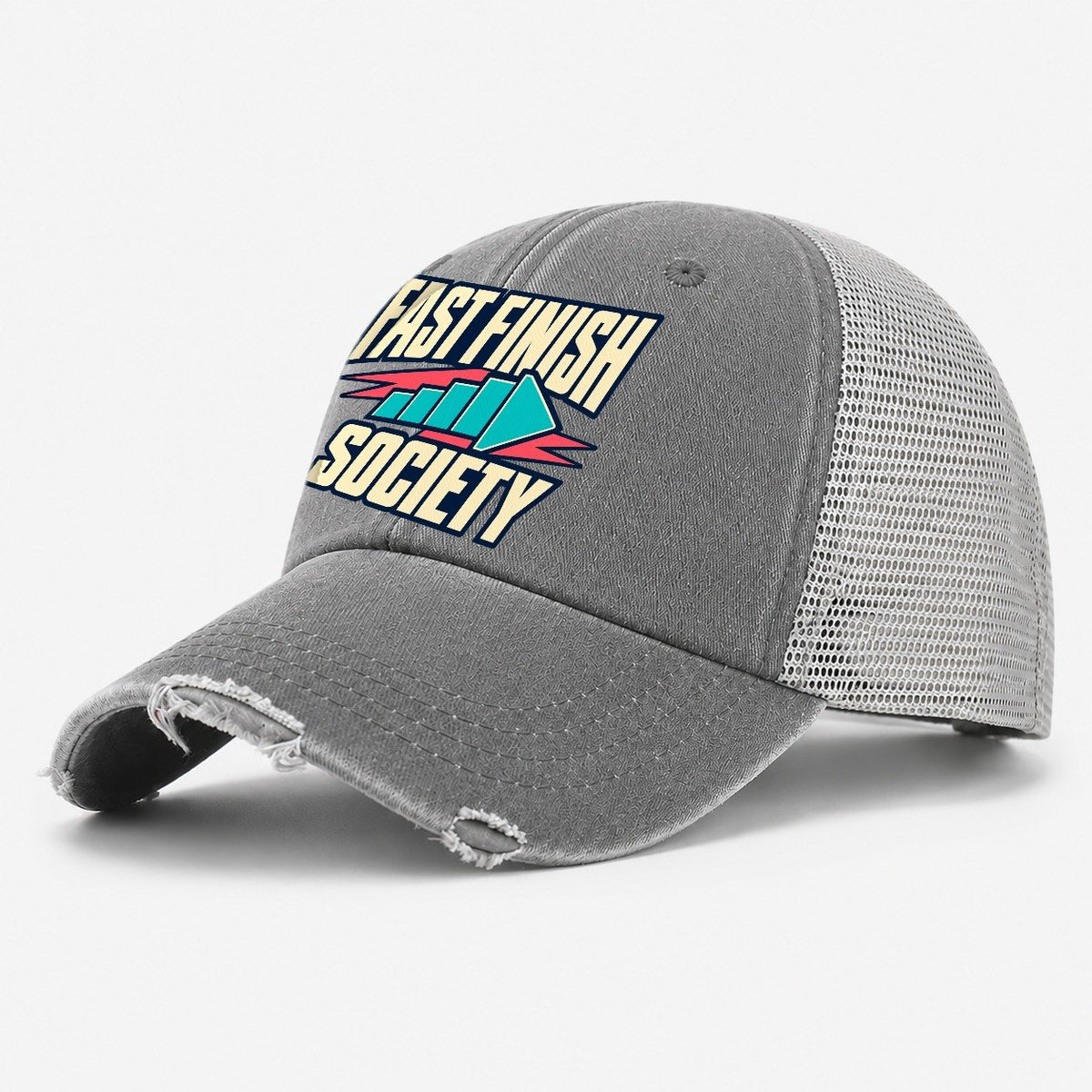 Fast Finish Society 90S Running Clubs Washed Trucker Hat – Grey