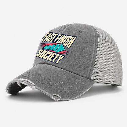 Fast Finish Society 90S Running Clubs Washed Trucker Hat – Grey