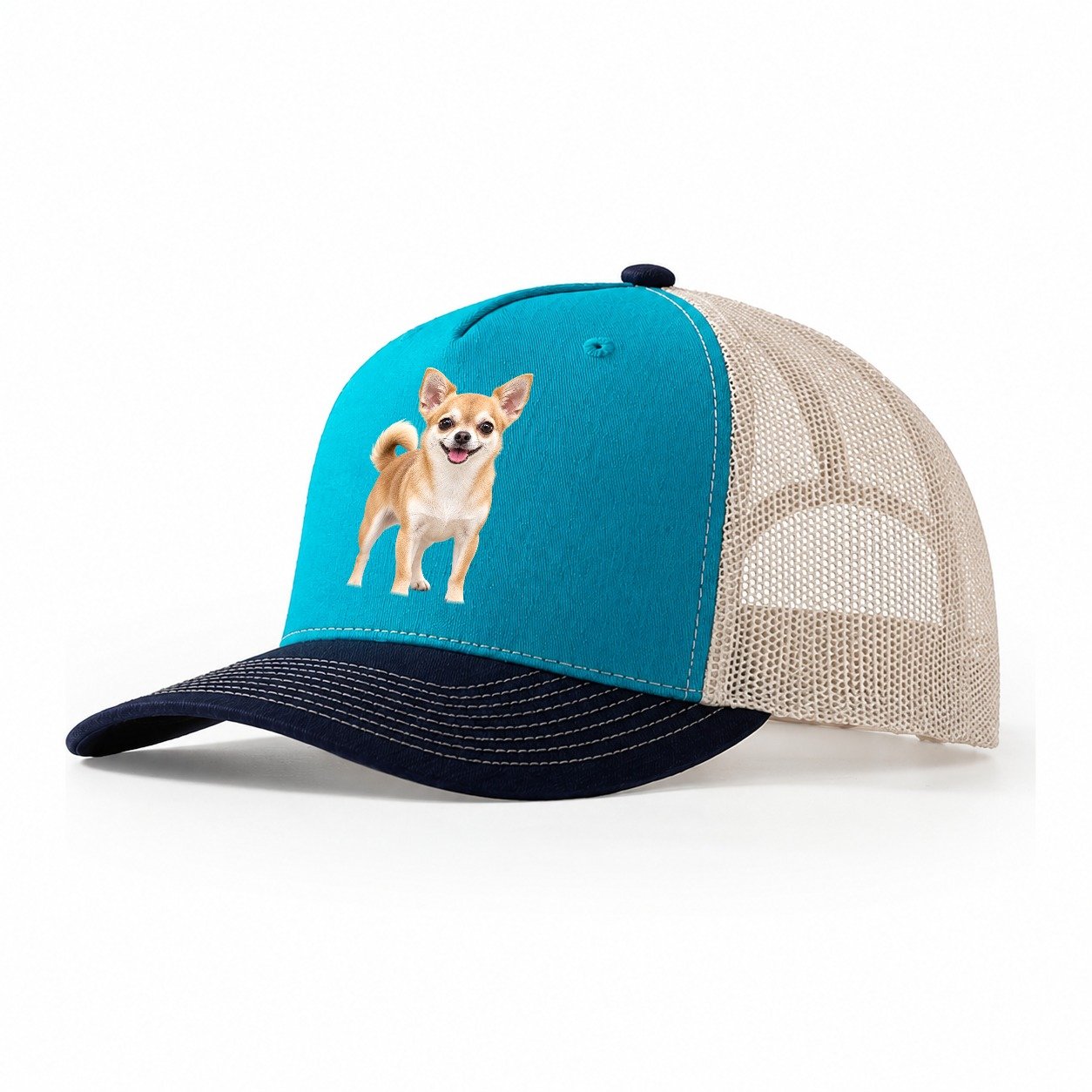 Chihuahua Standing Top Breeds Trucker Hat – Teal Navy