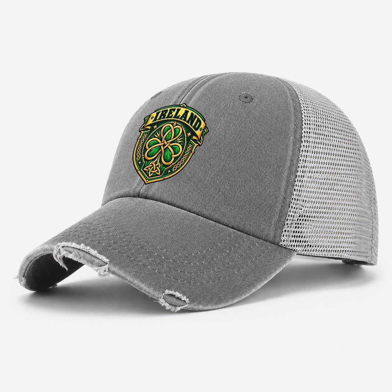 Ireland Retro Badge Country Logos Washed Trucker Hat – Grey