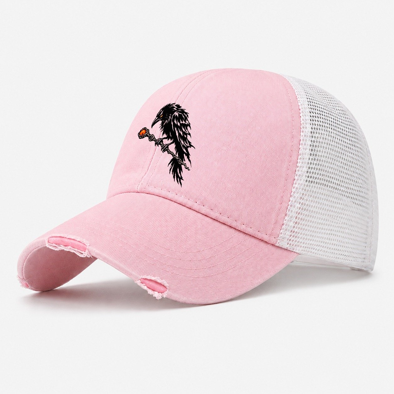 Raven Perched On A Wand Witch Magic Washed Trucker Hat – Light Pink