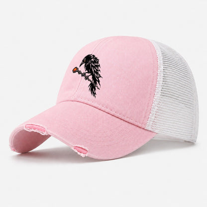 Raven Perched On A Wand Witch Magic Washed Trucker Hat – Light Pink