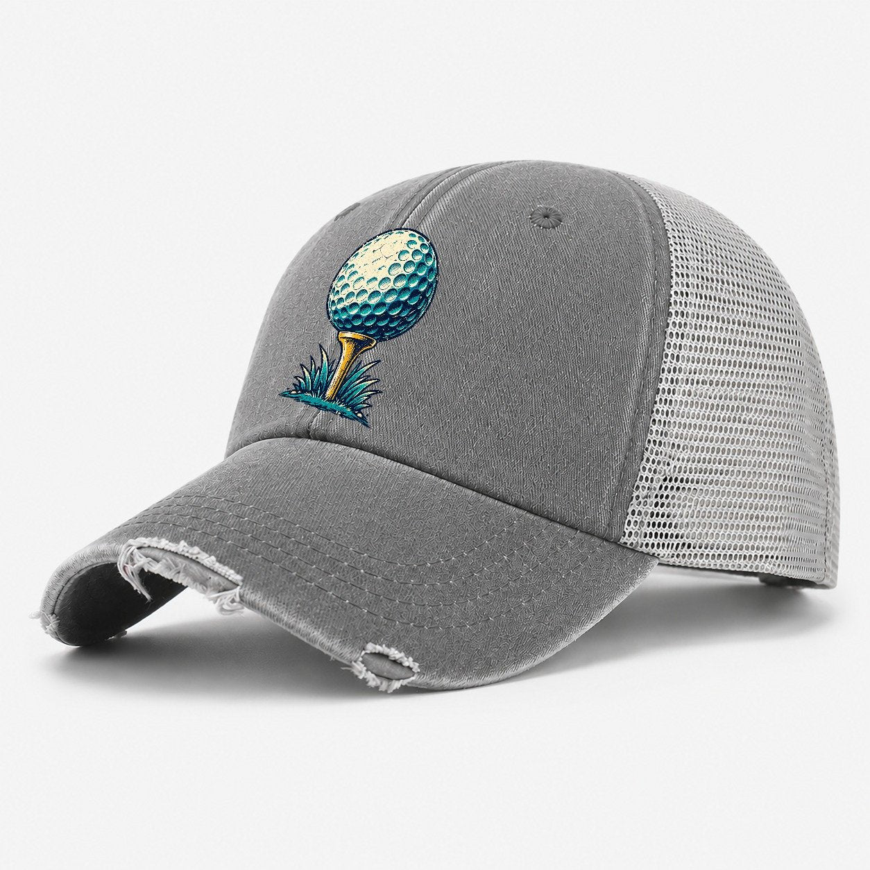Tee And Ball Mark Golf Life Washed Trucker Hat – Grey
