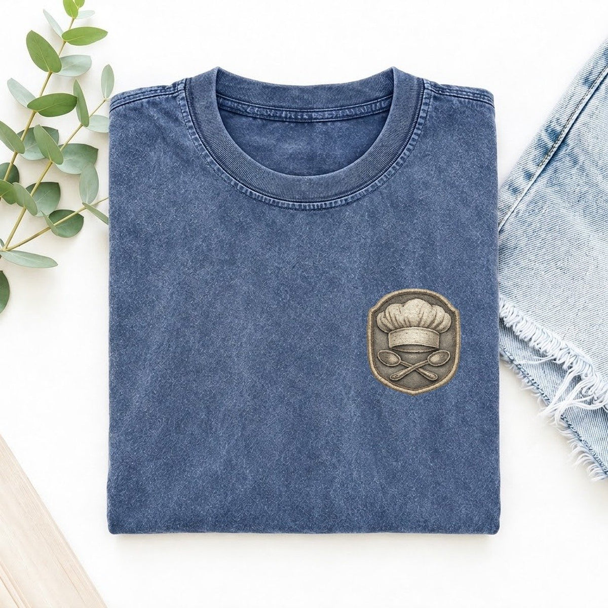 Chef Hat and Crossed Spoons Left Chest Vintage T-shirt – Washed Blue