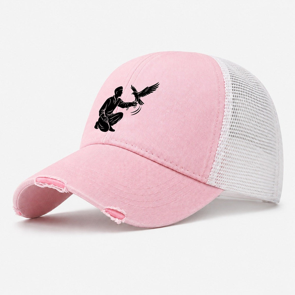 Kneeling Falconer with Falcon Washed Trucker Hat – Light Pink