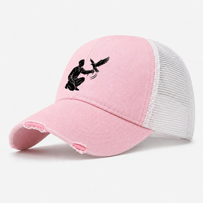 Kneeling Falconer with Falcon Washed Trucker Hat – Light Pink