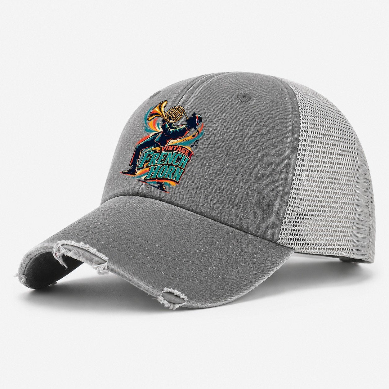 Vintage French Horn Music Instruments Washed Trucker Hat – Grey