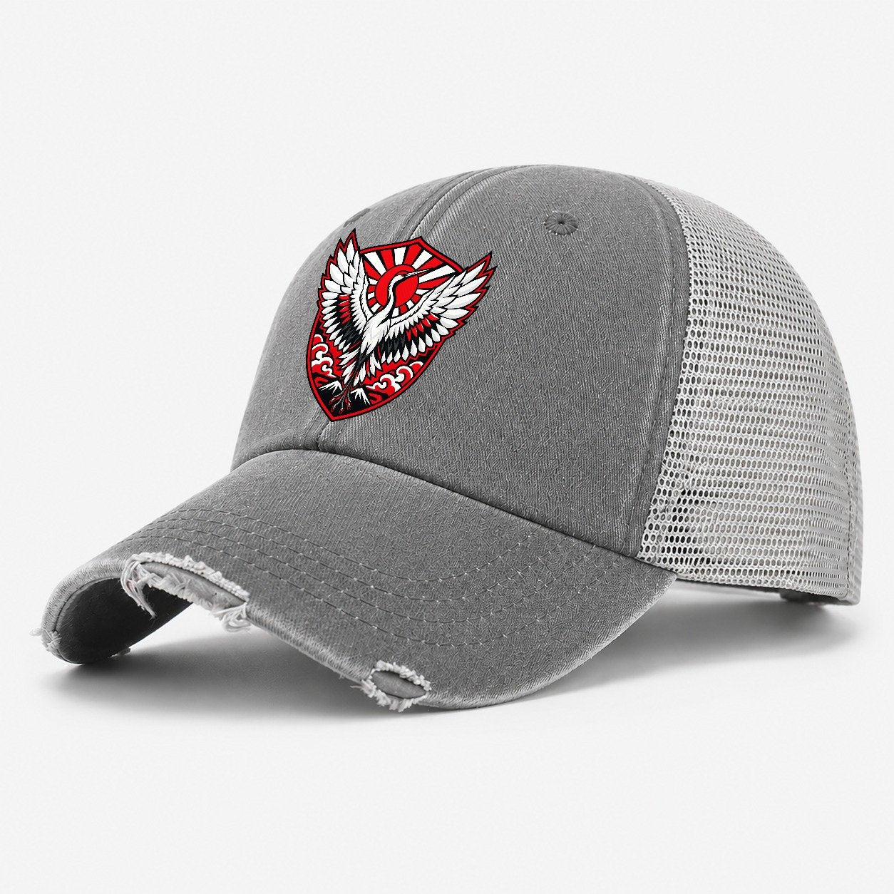 Japan Minimal Emblem Country Logos Washed Trucker Hat – Grey