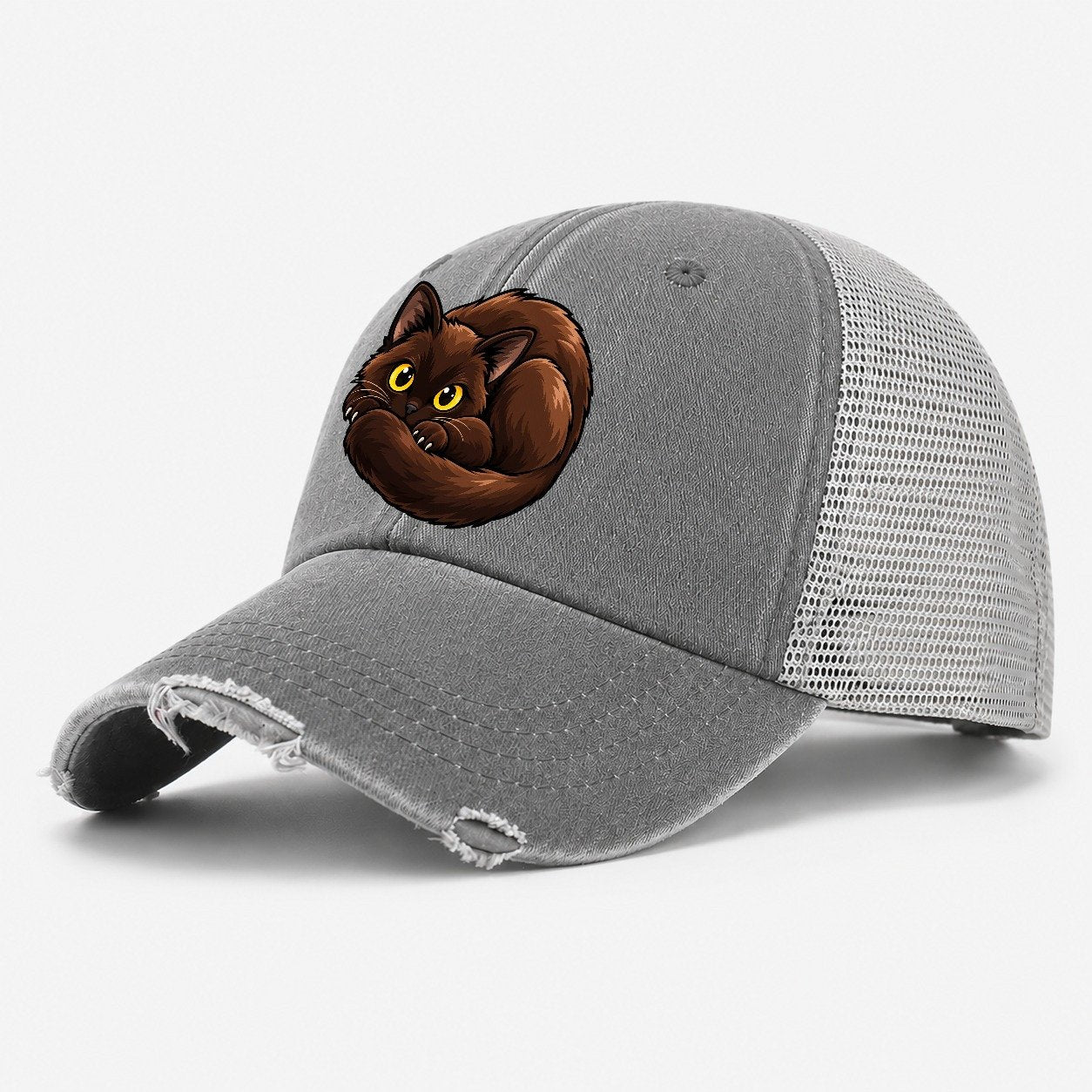 Burmese Curled Peeking Cats Washed Trucker Hat – Grey