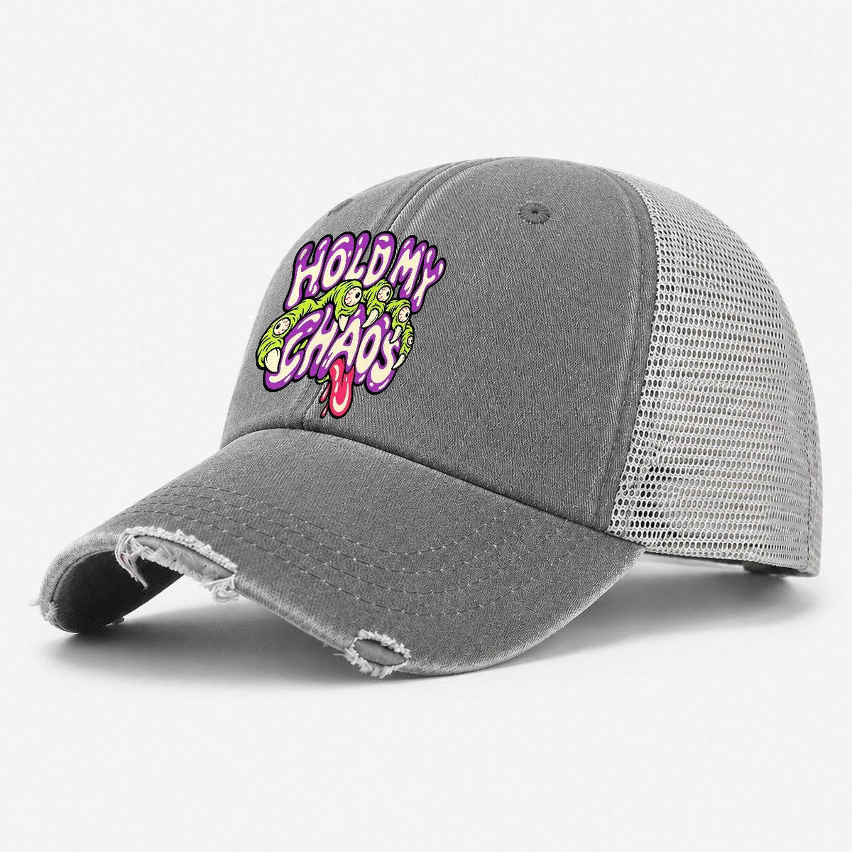 Hold My Chaos Crazy Styles Washed Trucker Hat – Grey