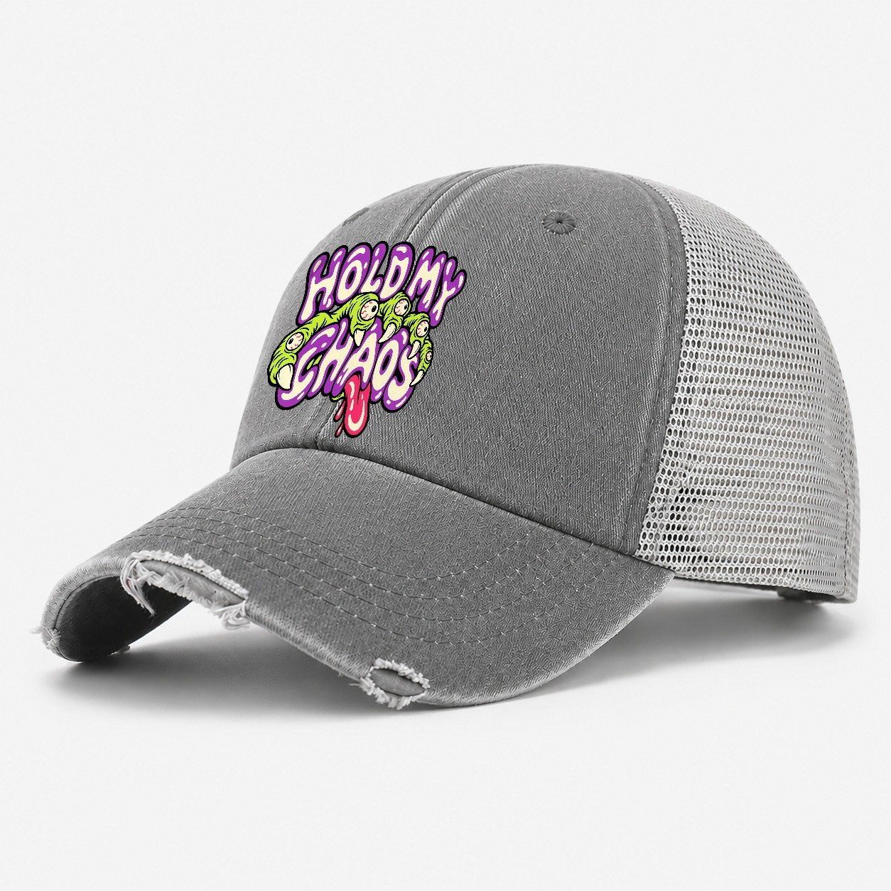 Hold My Chaos Crazy Styles Washed Trucker Hat – Grey