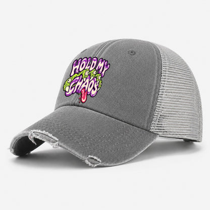 Hold My Chaos Crazy Styles Washed Trucker Hat – Grey