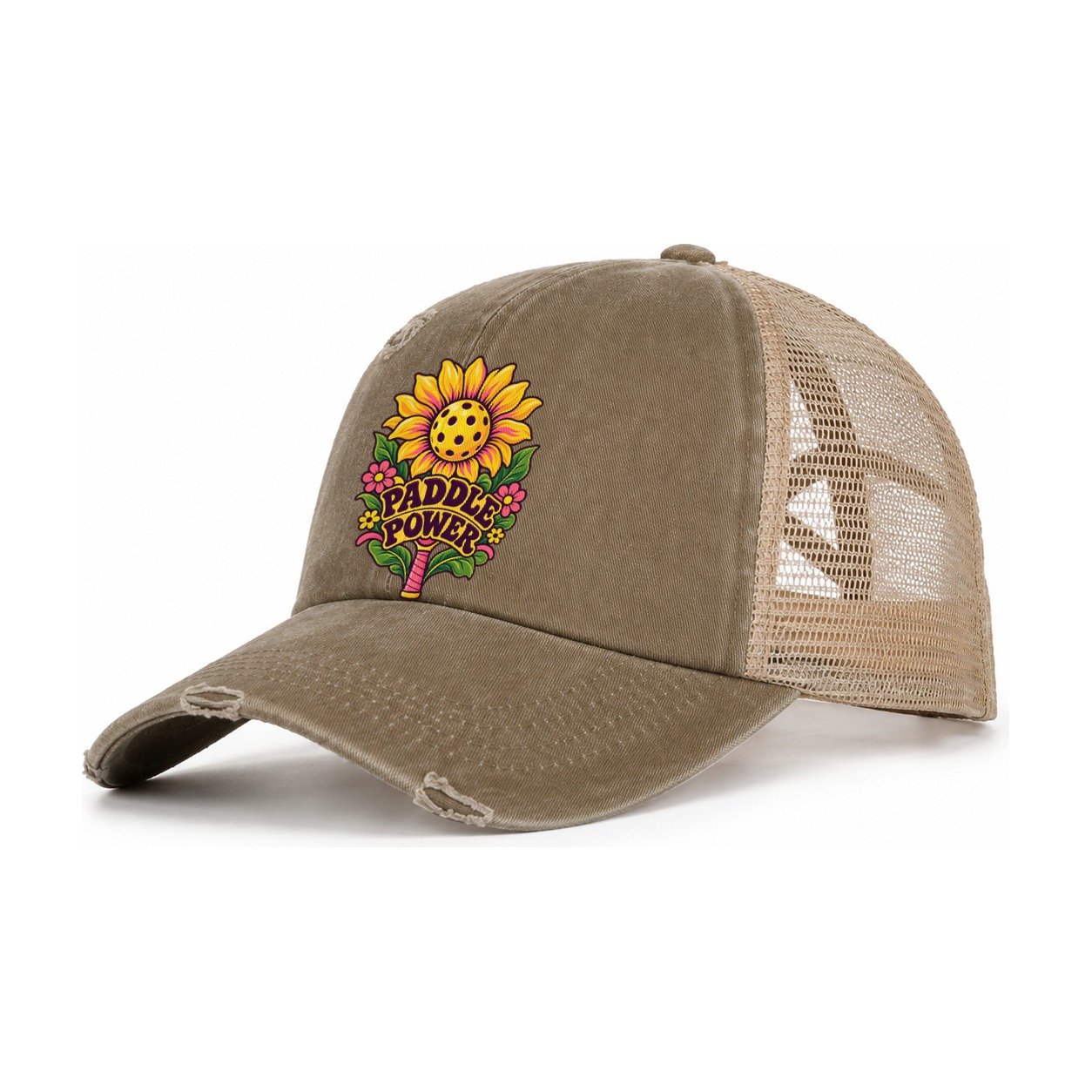 Sunflower Paddle Power Pickleball Life Women's Ponytail Trucker Hat – Taupe Khaki