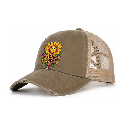 Sunflower Paddle Power Pickleball Life Women's Ponytail Trucker Hat – Taupe Khaki