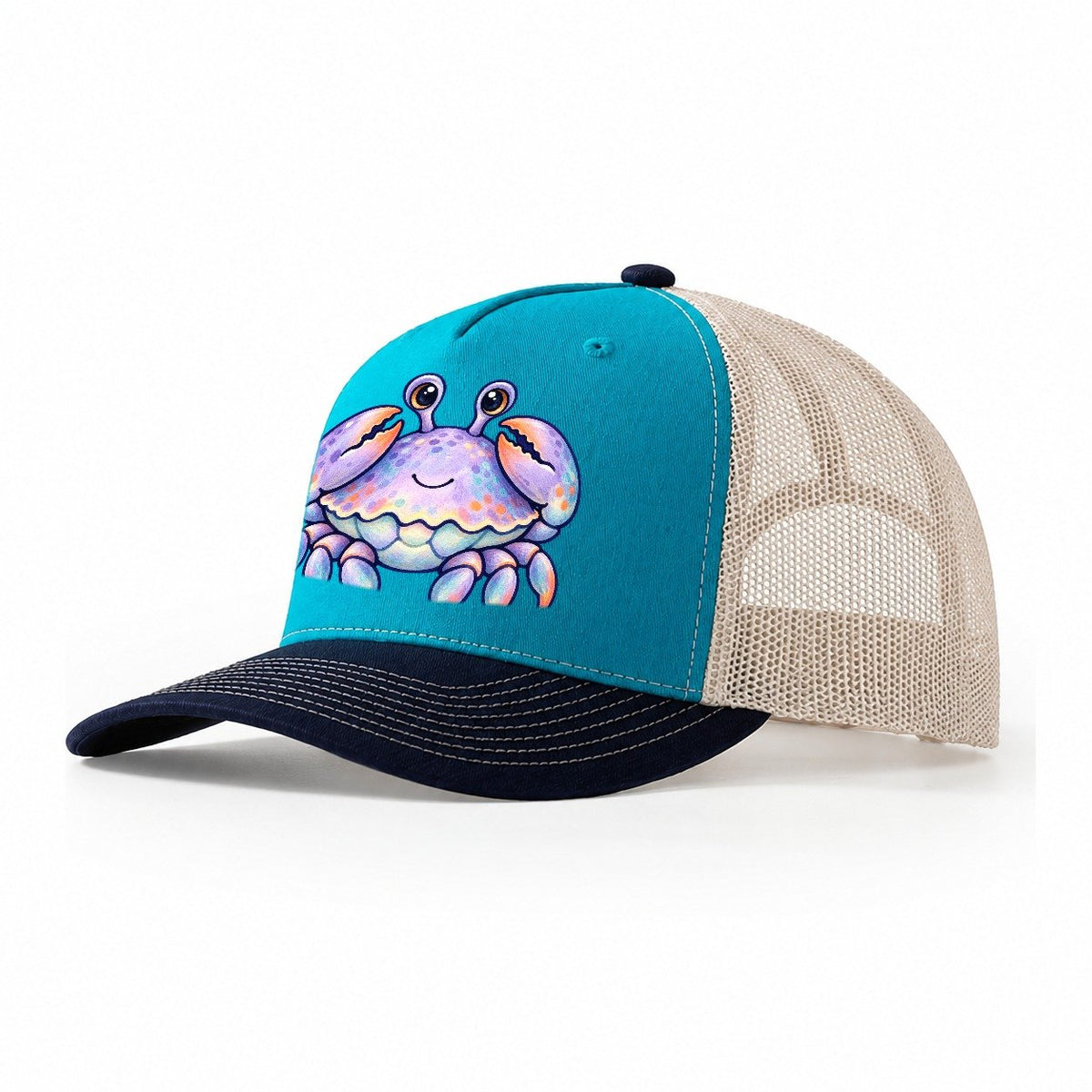Crab Tucked Claw Hug Sea Sprite Trucker Hat – Teal Navy