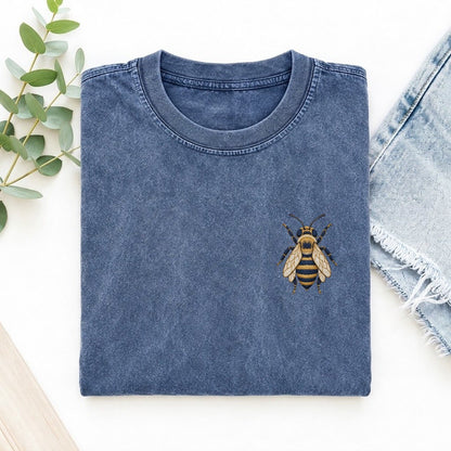 Honey Bee Symbol Emblems Left Chest Vintage T-shirt – Washed Blue