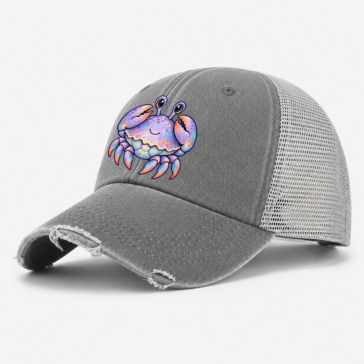Crab Tucked Claw Hug Sea Sprite Washed Trucker Hat – Grey