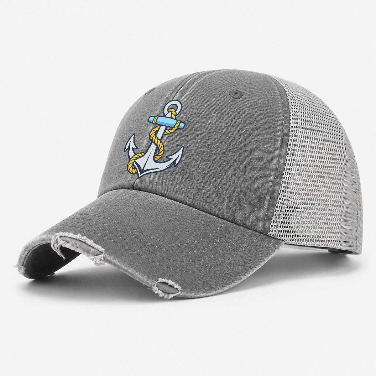 Anchor with Golden Rope Washed Trucker Hat – Grey