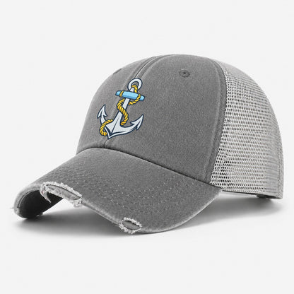 Anchor with Golden Rope Washed Trucker Hat – Grey