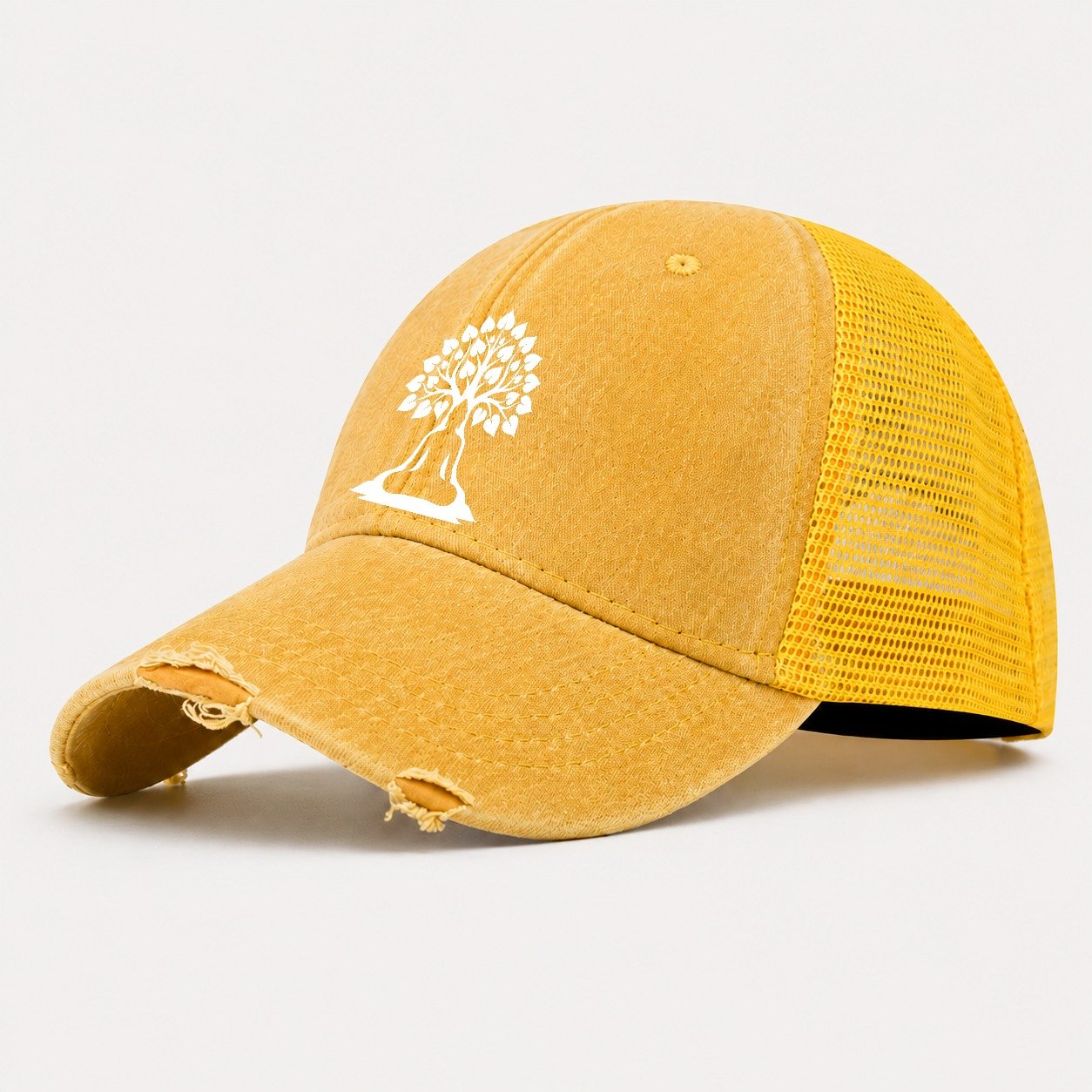 Buddha Silhouette Meditating Negative Space Forms Bodhi Tree Washed Trucker Hat – Yellow