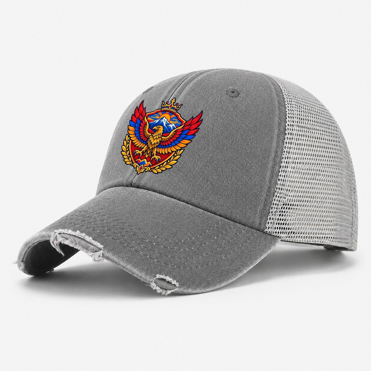 Armenia Heraldic Crest Country Logos Washed Trucker Hat – Grey