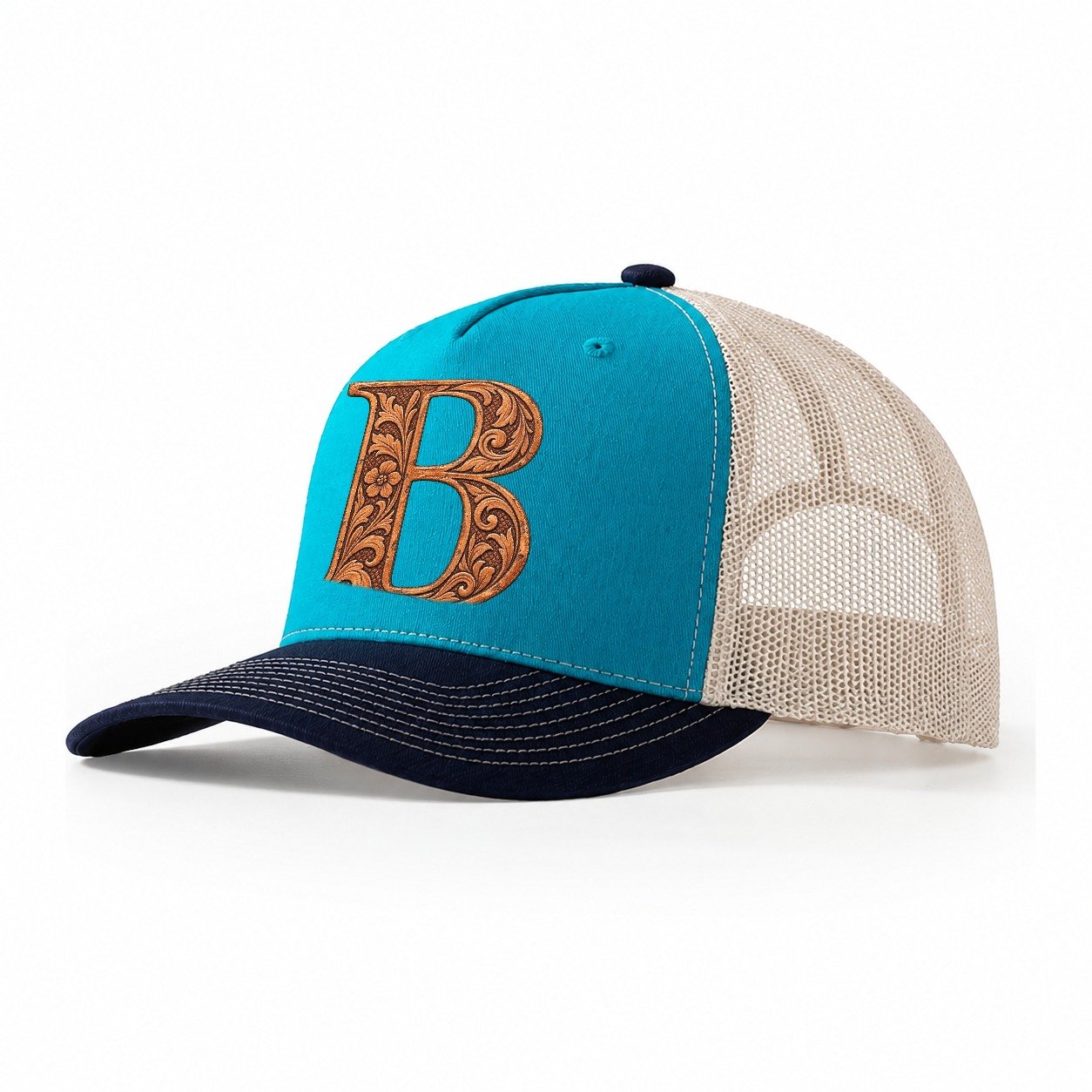 Tooled Leather B Monogram Trucker Hat – Teal Navy