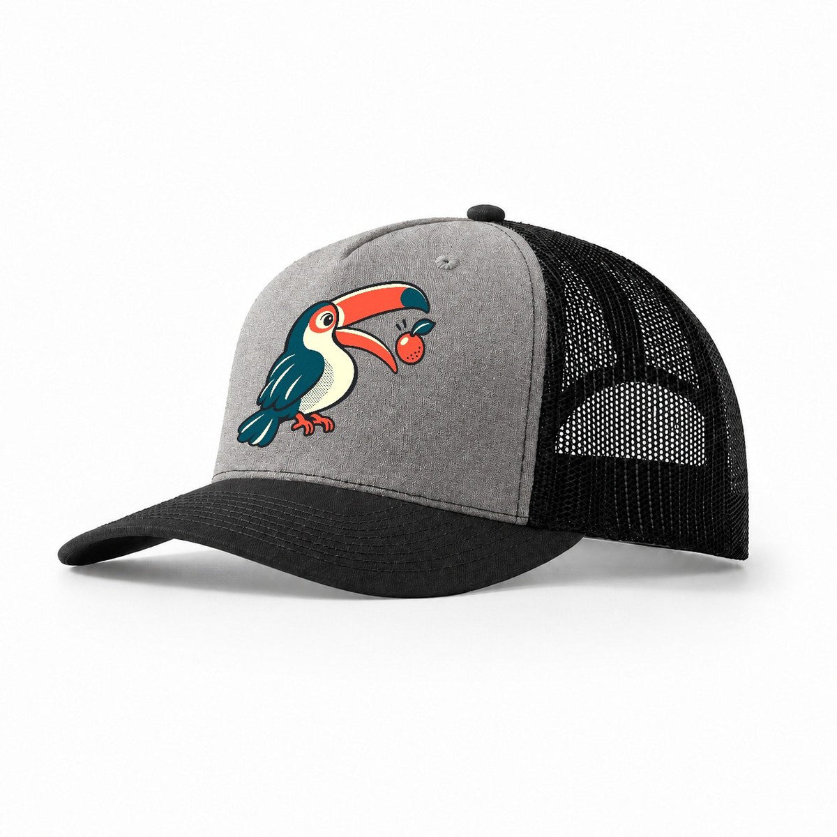 Toucan Fruit Toss Trucker Hat – Grey Black