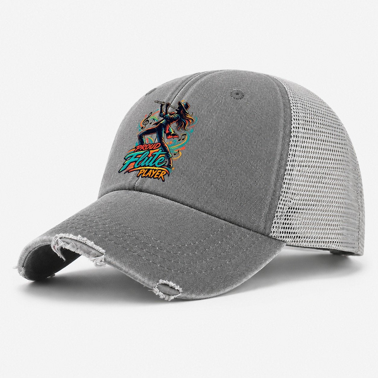 Proud Flute Player Music Instruments Washed Trucker Hat – Grey