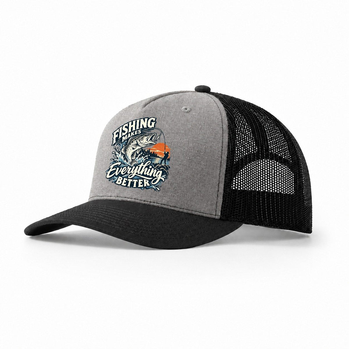 Fishing Makes Everything Better Bass Trucker Hat – Grey Black
