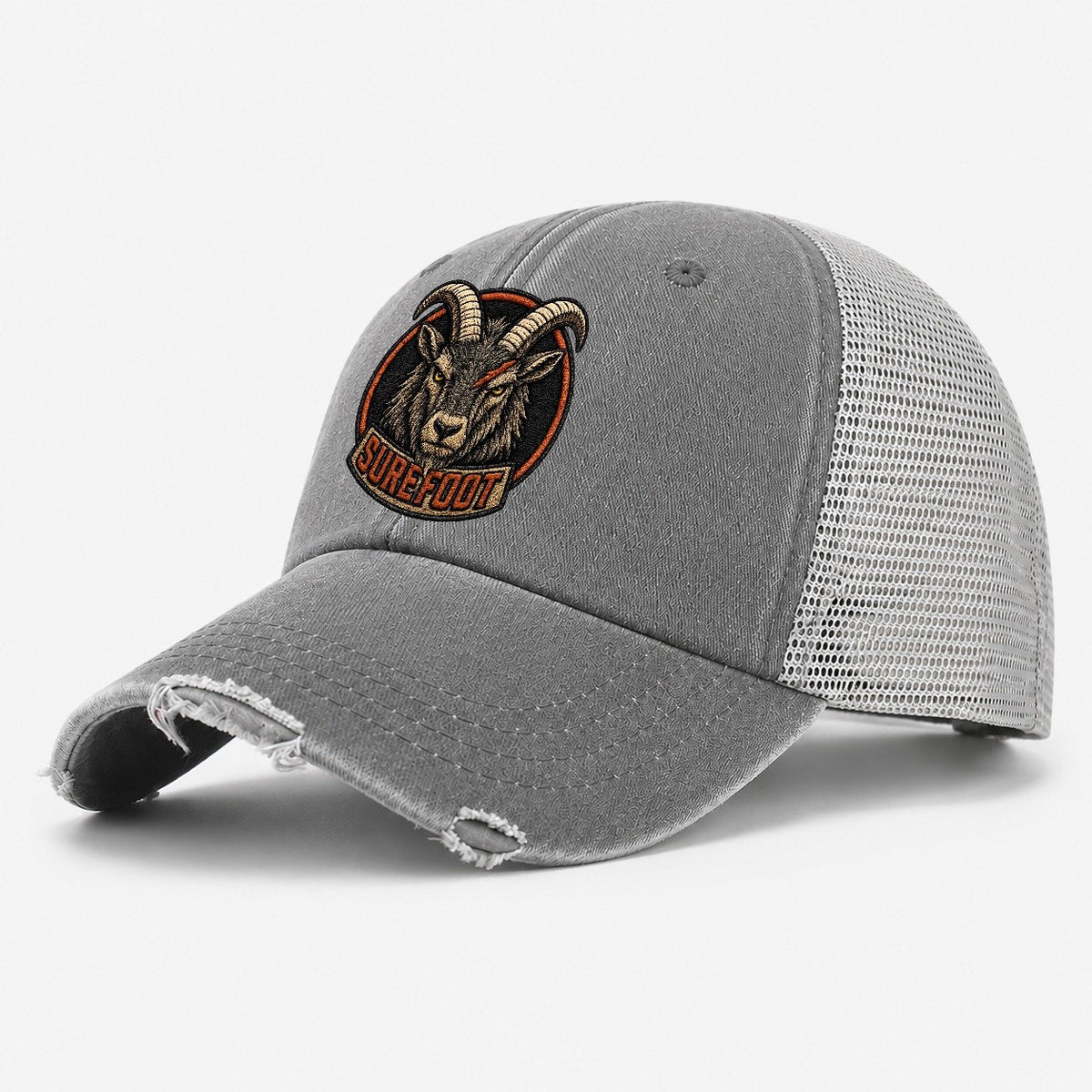 Mountain Goat Surefoot Badge Washed Trucker Hat – Grey