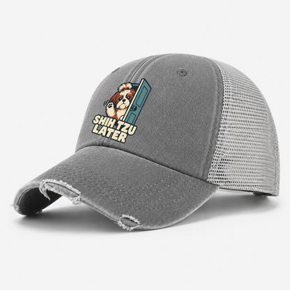 Shih Tzu Later Familiar Punchlines Washed Trucker Hat – Grey