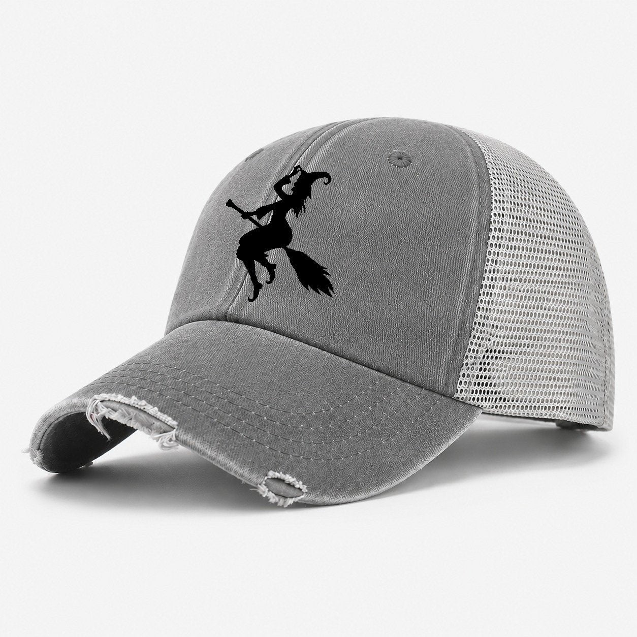 Enchanting Witch On Broom Washed Trucker Hat – Grey