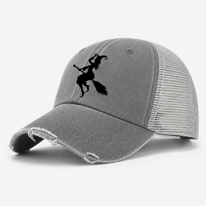 Enchanting Witch On Broom Washed Trucker Hat – Grey