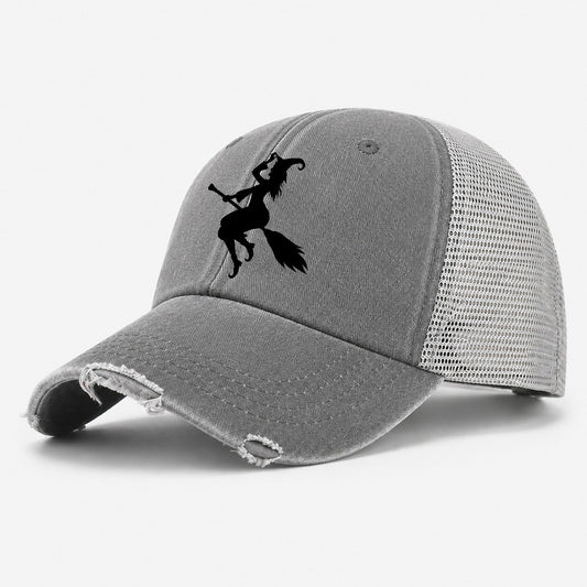 Enchanting Witch On Broom Washed Trucker Hat – Grey