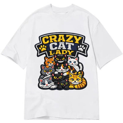 Embroidered Patch Design Crazy Cat Lady Cat Pile In Multicol Classic T-shirt – White