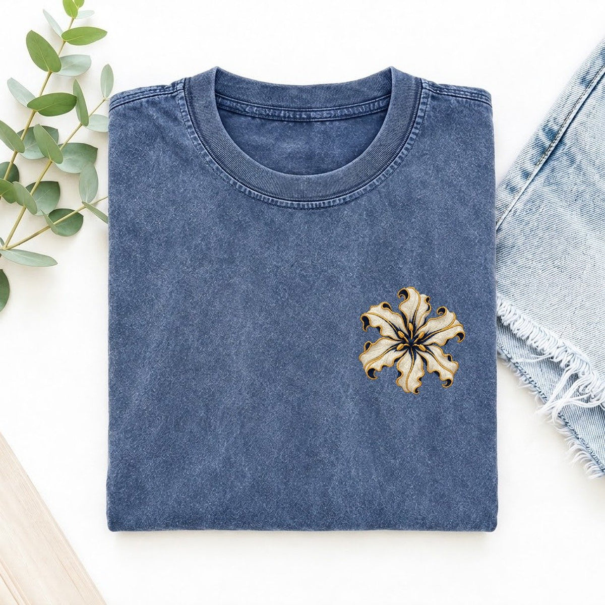 Nerine Petal Ribbons Left Chest Vintage T-shirt – Washed Blue