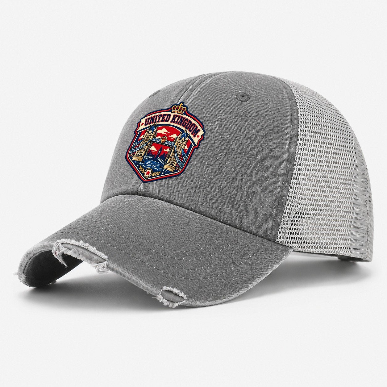 United Kingdom Retro Badge Country Logos Washed Trucker Hat – Grey