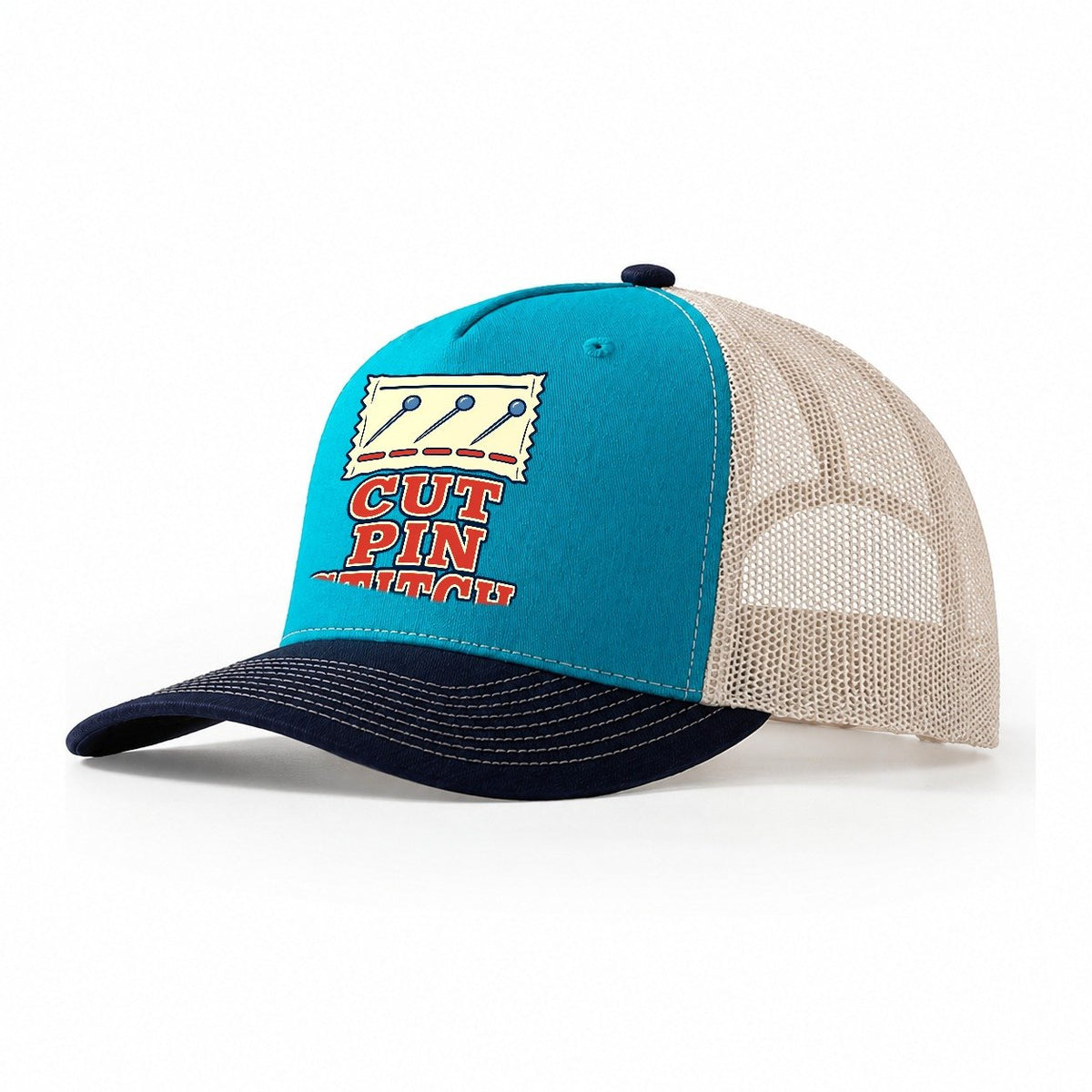Cut Pin Stitch Sewing And Quilting Trucker Hat – Teal Navy