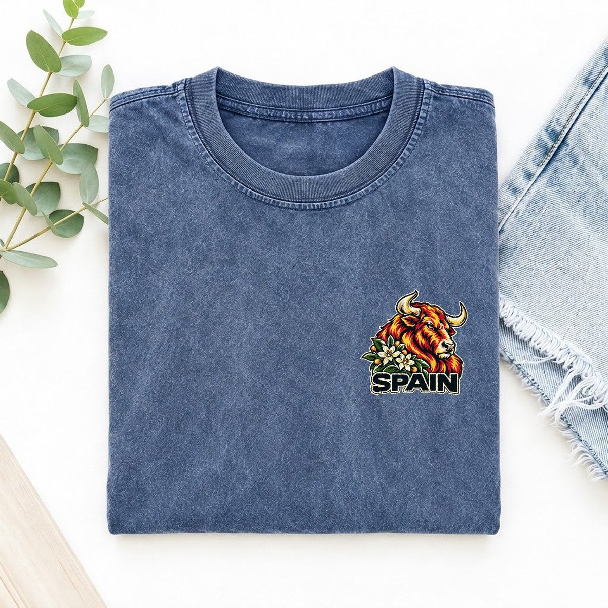 Spain Country Pride Left Chest Vintage T-shirt – Washed Blue