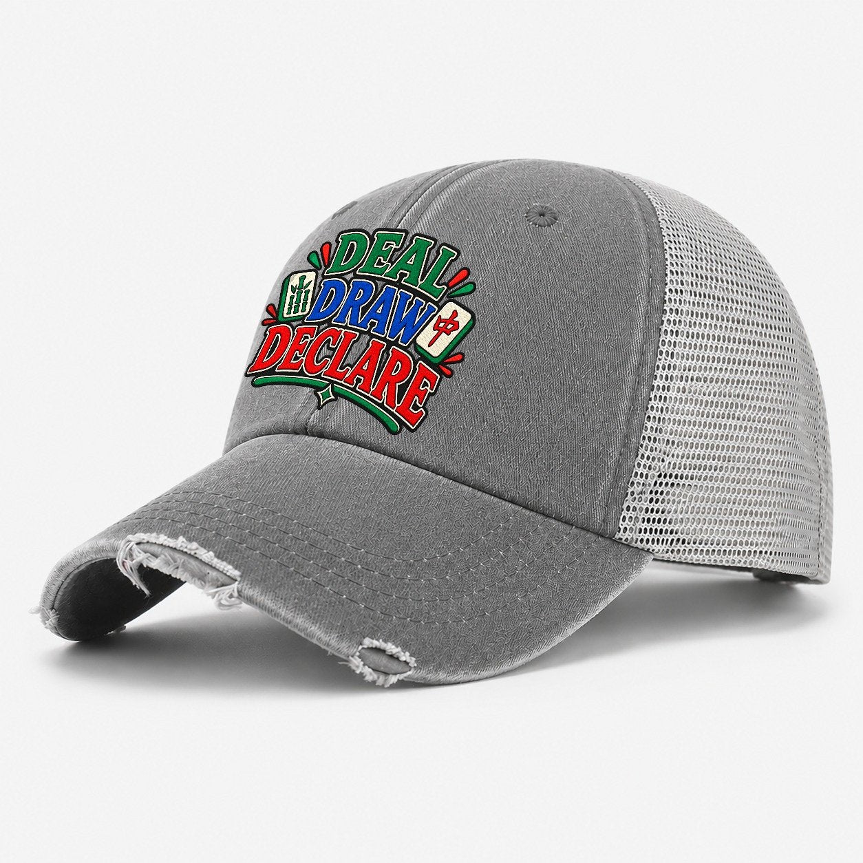 Deal Draw Declare Mahjong Game Night Washed Trucker Hat – Grey