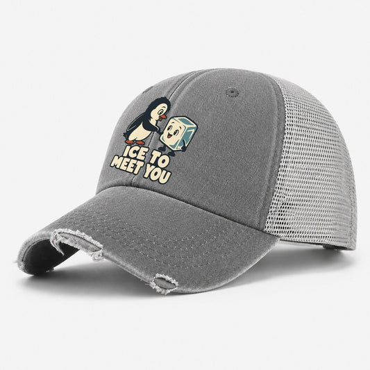 Ice To Meet You Familiar Punchlines Washed Trucker Hat – Grey