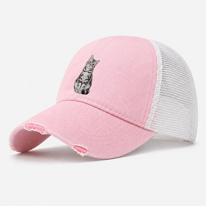 American Shorthair Seated Portrait Realistic Cat Portrait Washed Trucker Hat – Light Pink