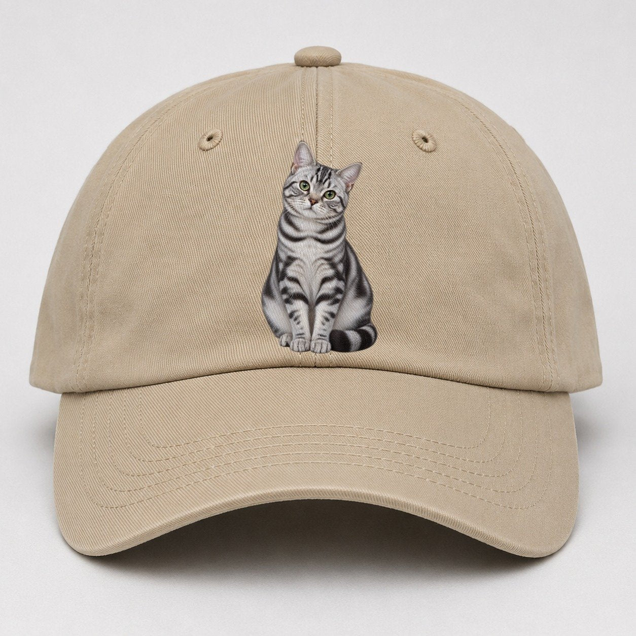 American Shorthair Seated Portrait Realistic Cat Portrait Baseball Cap – Khaki