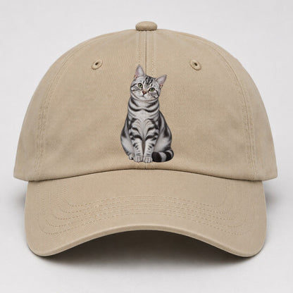 American Shorthair Seated Portrait Realistic Cat Portrait Baseball Cap – Khaki