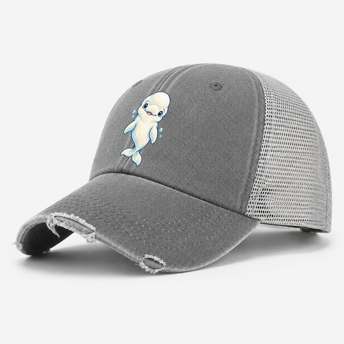 Beluga Whale Front Smile Sea Sprite Washed Trucker Hat – Grey