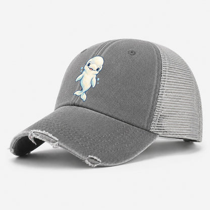 Beluga Whale Front Smile Sea Sprite Washed Trucker Hat – Grey