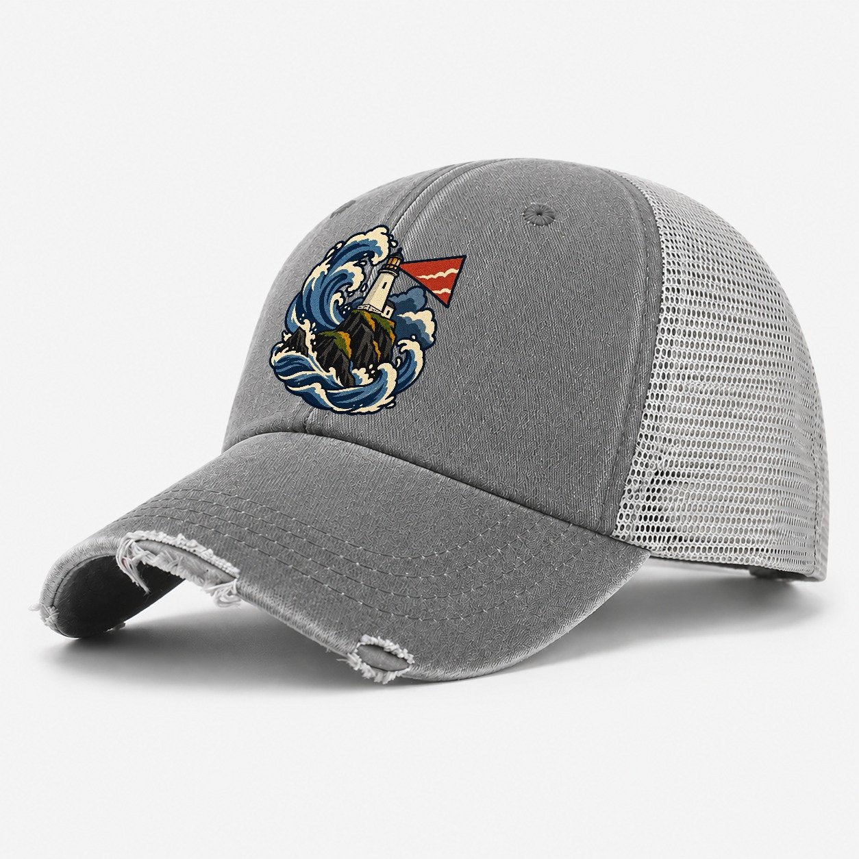 Hebridean Lighthouse And Storm Wave Uk Culture Heritage Washed Trucker Hat – Grey