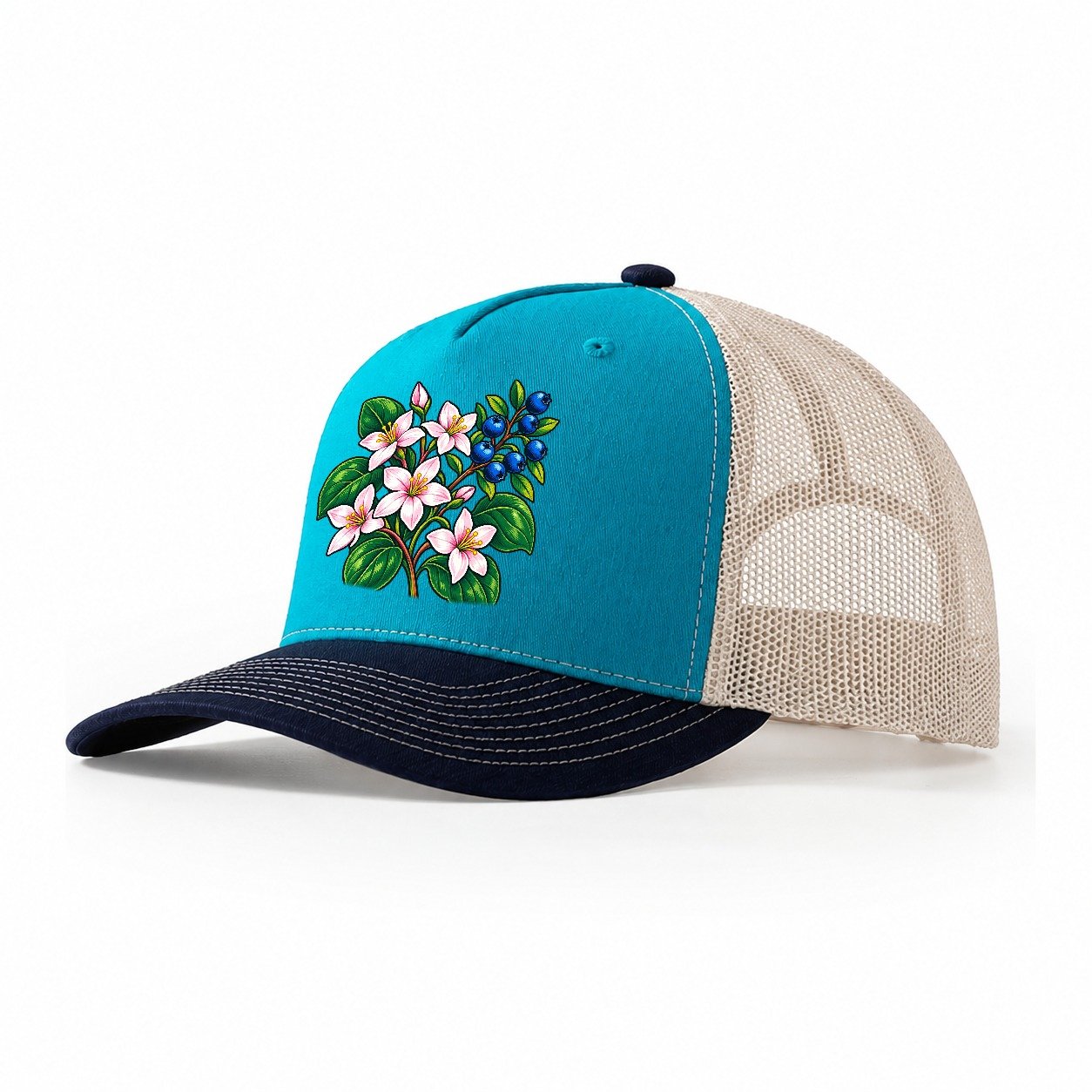 Nova Scotia Mayflower And Wild Blueberries Canada Cultural Icons Trucker Hat – Teal Navy
