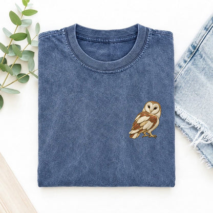 Barn Owl Shoulder Turn Keepsake Emblem Left Chest Vintage T-shirt – Washed Blue