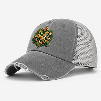 Australia Heraldic Crest Country Logos Washed Trucker Hat – Grey